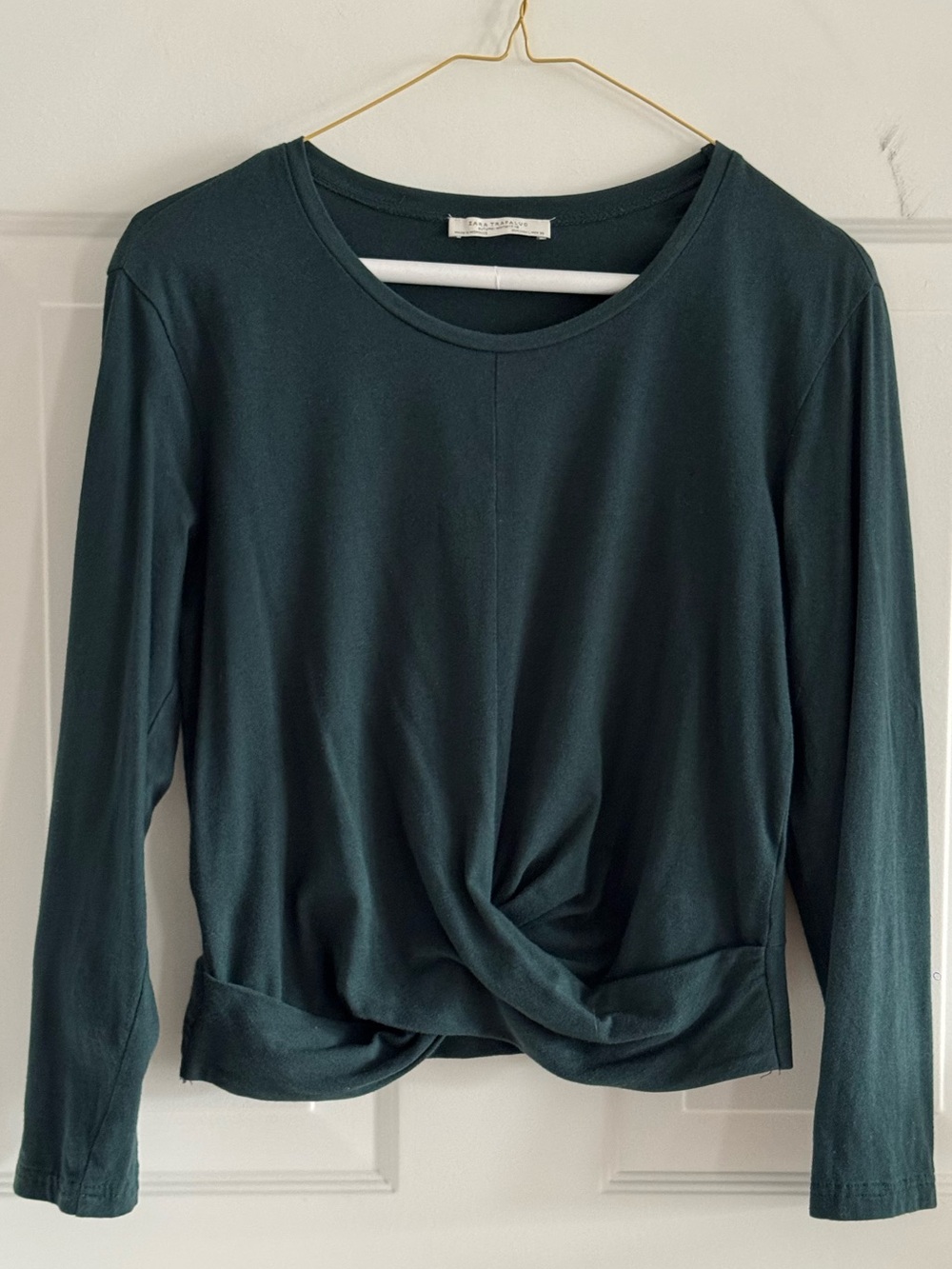 Zara Twist-Front Slightly Cropped Evergreen Top w/ Bracelet Length Sleeves